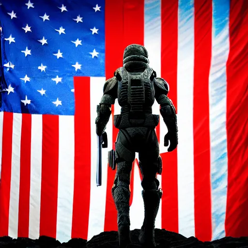 Prompt: a highly detailed photograph of barak obama as master chief, standing in front of a massive american flag, photorealistic, 4 k, wallpaper, lifelike, highly detailed, movie scene, promotional poster