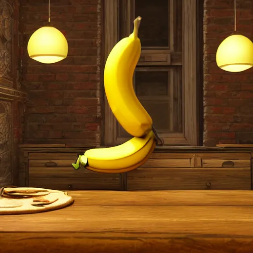 Prompt: a humongous banana lying suspiciously on an antique mahagony table, volumetric lighting, sus, amogus, realistic, Ue5, RTX, raytracing