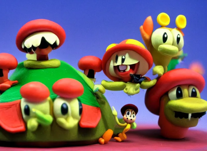 Prompt: still from a 1 9 8 5 live - action stop - motion puppetry tv show by tim burton starring the mario bros. and bowser and princess toadstool and toad and mario's enemies in dioramas of the mushroom kingdom. everything is made of plasticine, fabric, and physical materials. photographic ; cute ; highly - detailed.