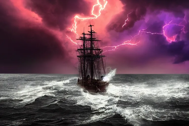 Prompt: a close up very large pirate ship, violent stormy waters, massive fire and electrical storm clouds in epic purple sky, dark night, digital art, cinematic, hd, trending on artstation