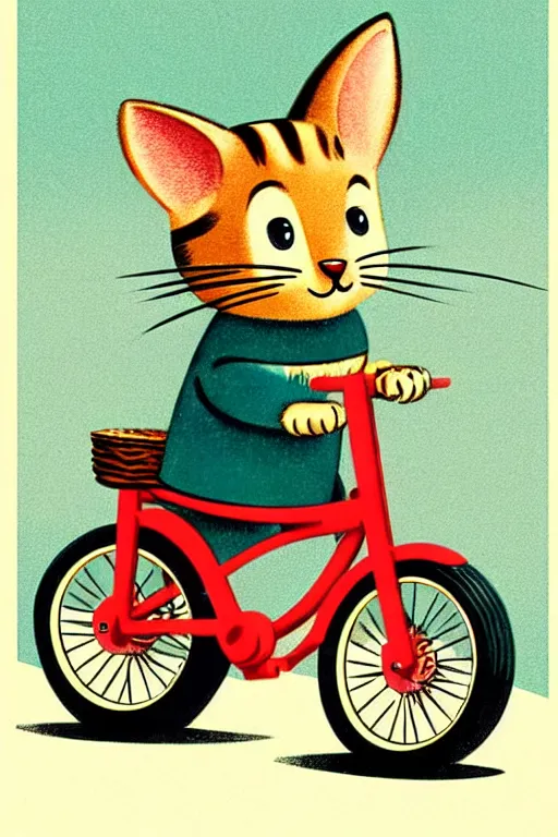 Image similar to by richard scarry. a cat riding a bike. a 1 9 5 0 s retro illustration. muted colors, detailed