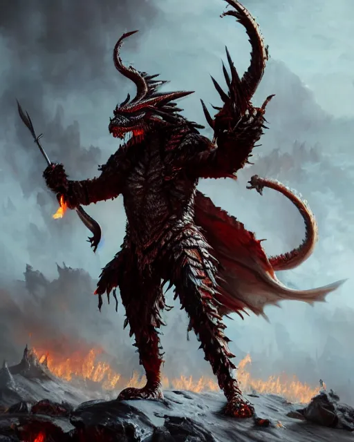 Image similar to oil painting of Angry Anthropomorphized Dragon Berserker, wearing fur armor, claws, sharp focus, attack pose, fantasy style, octane render, volumetric lighting, 8k high definition, by greg rutkowski, highly detailed, trending on art Station, magic the gathering artwork, burning Battlefield background, centered