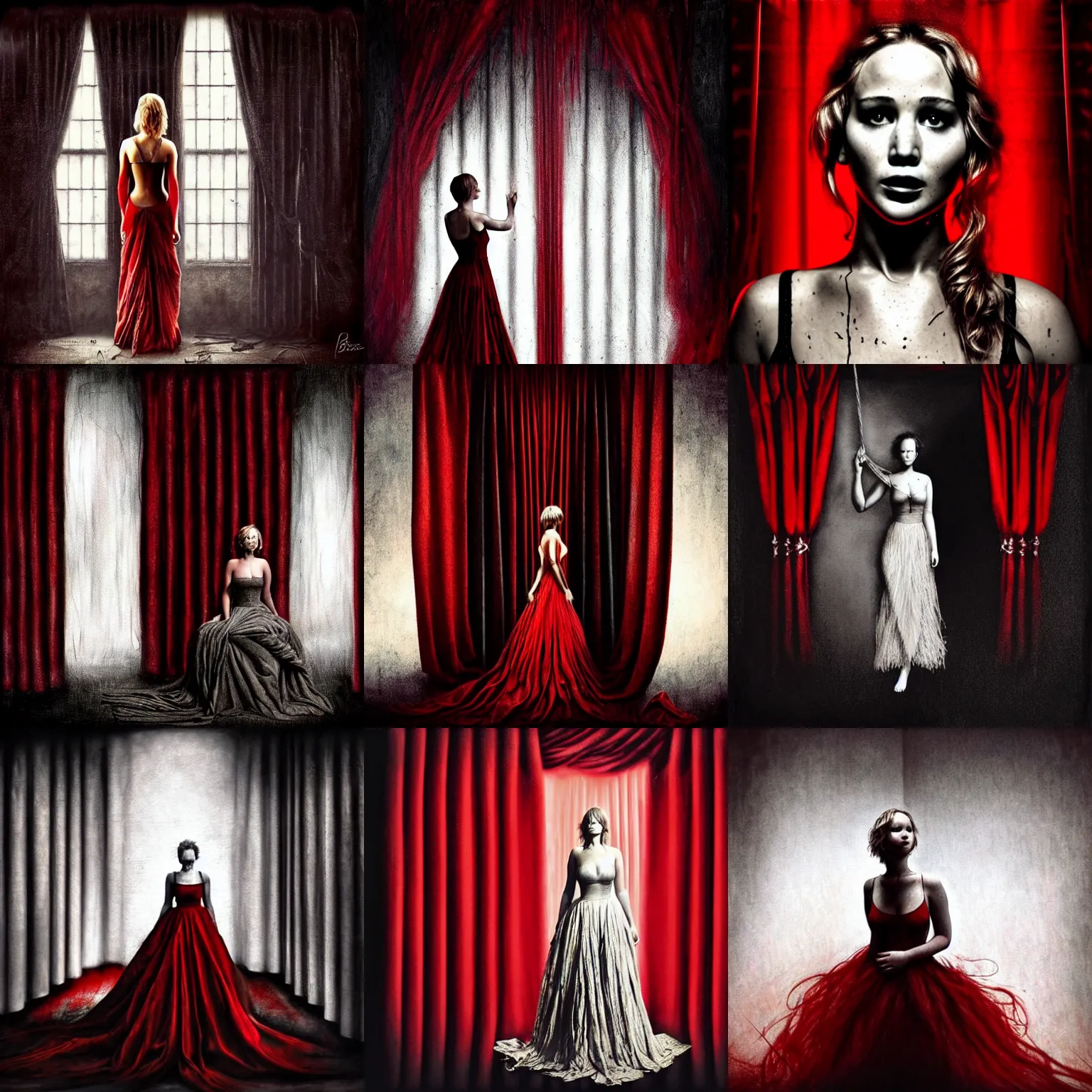 Prompt: Jennifer Lawrence as a puppet strings behind red curtains by Brooke Shaden, big black ropes from wrists to ceiling clearly visible, not facing camera, close-up shot, intricate, dystopian, sci-fi, extremely detailed, digital painting, artstation, concept art, smooth, sharp focus, illustration, intimidating lighting, incredible art, details visible, very dark ambiance