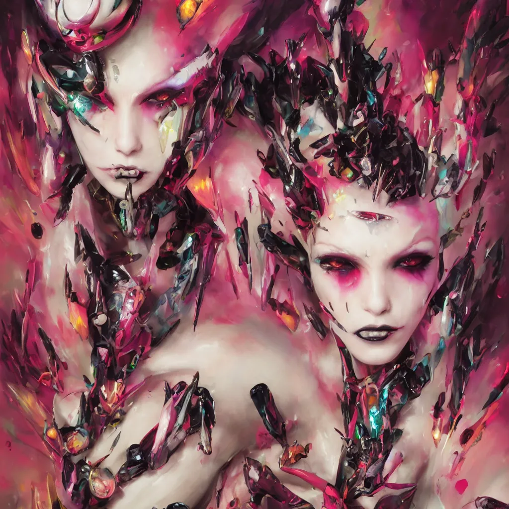 Prompt: vibrant face of a beautiful alien girl, latex, spikes, goth, fashionable, sharp focus, by takashi murakami, by kinkade, by greg rutkowski, portrait, high quality