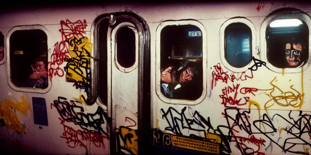 Image similar to new york subway cabin 1 9 8 0 s inside all in graffiti, policeman closeup, coloured film photography, christopher morris photography, bruce davidson photography