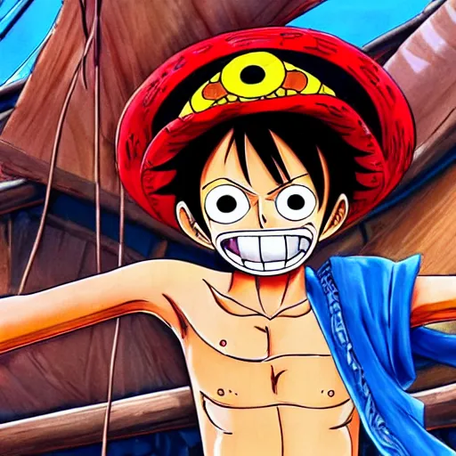 Prompt: monkey d luffy from the anime one piece on a pirate ship