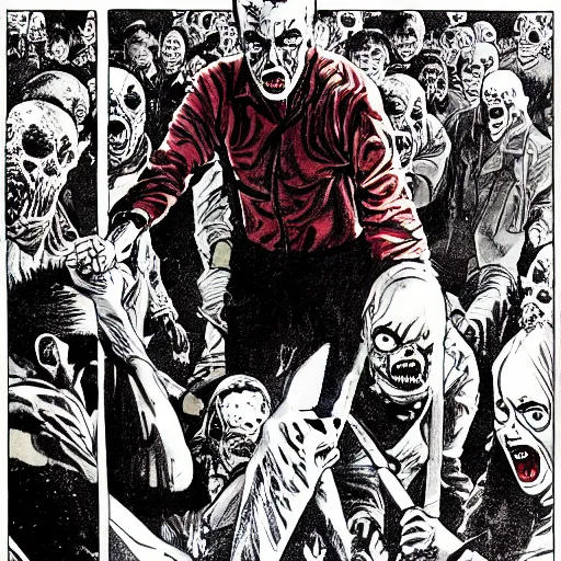 Image similar to glossy old advertising poster, the walking dead, man walking through crowded hong kong street, zombies, horror, drawn comic by junji ito, pastels, gradient