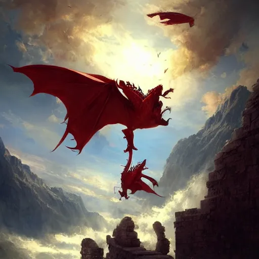 Prompt: Red dragons flying high above an ancient roman temple perching on top of a mountain rising out of a sea of clouds in a blue sky. Detailed art by Marc Simonetti, Greg Rutkowski, trending on artstation, fantasy