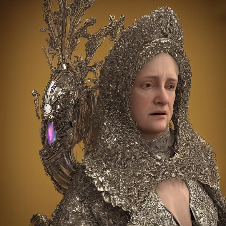 Image similar to octane render portrait by wayne barlow and carlo crivelli and glenn fabry, a 1 4 th century woman in a dramatic period dress with a giant iridescent silver shakespeare style collar, cinema 4 d, ray traced lighting, very short depth of field, bokeh