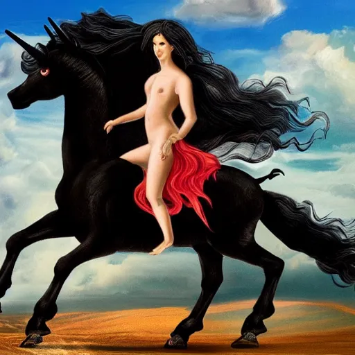 Image similar to lady godiva riding a black unicorn, wind blowing her hair, photorealistic, action shot, HD