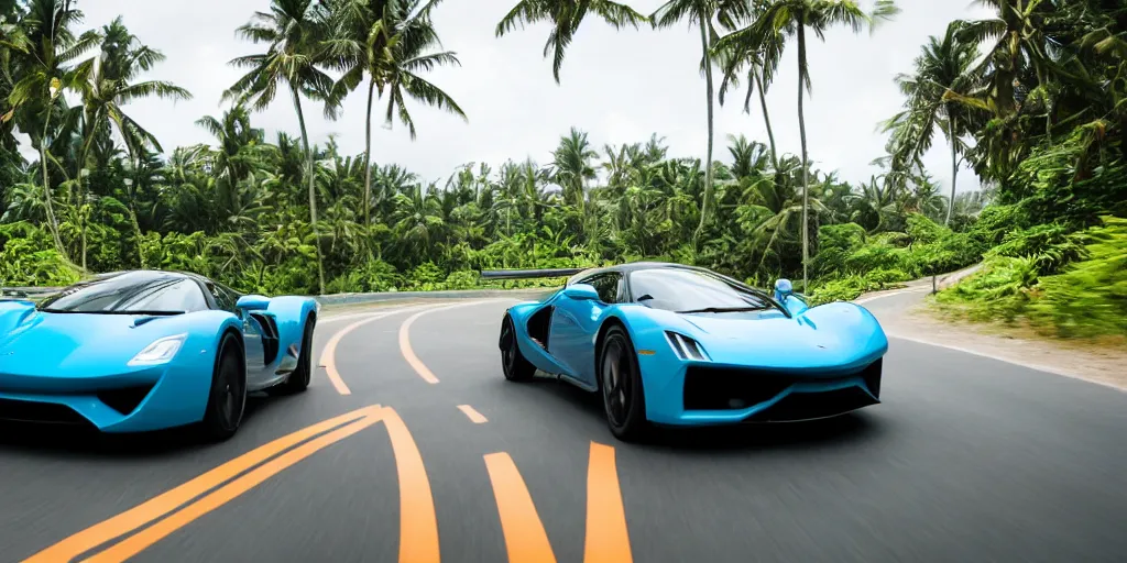 Image similar to a photograph of a supercar running in a tropical island