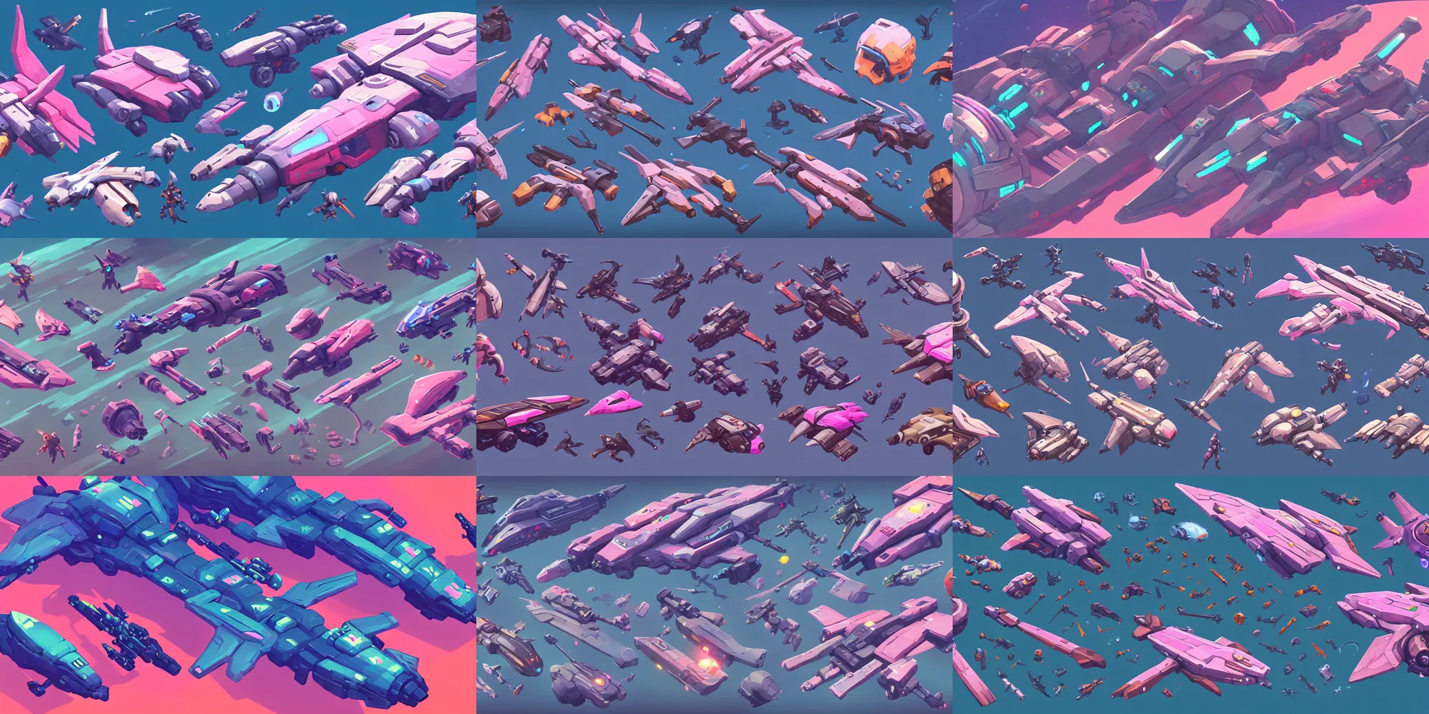 Prompt: game asset of vehicles and spaceships, in gouache detailed paintings, props, stylized, 2 d sprites, kitbash, arcane, overwatch, blue and pink color scheme, 8 k, close up