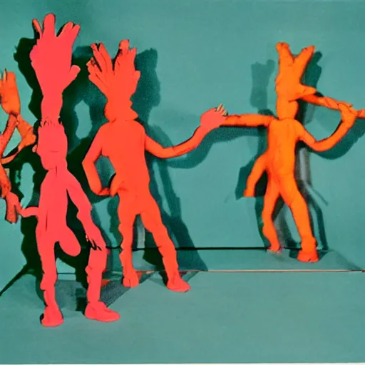 Image similar to a claymation film still of anthropomorphic object / collection / ethnographic museum / claymation by andy warhol