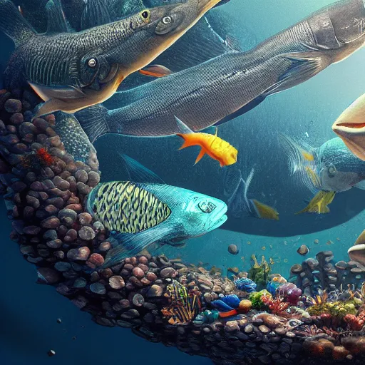 Prompt: hyperrealism, a world made of fish, intricate, highly detailed, artstation trending, ray tracing, cinematic, concept art, 4k, environment concept, cinematic