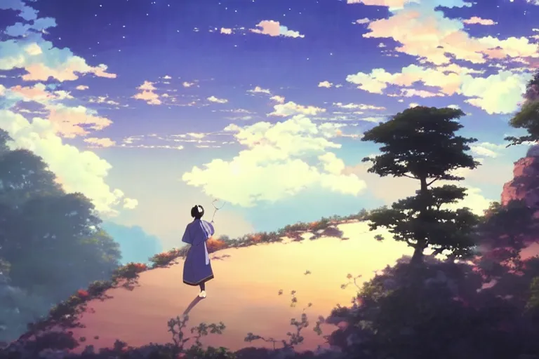 Prompt: painting of a dreamscape, a smiling bodhisattva in the foreground, otherworldly and ethereal by kazuo oga, screenshot from the anime film by makoto shinkai