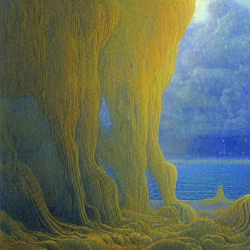 Prompt: painting of a lush natural scene on an alien planet by jean delville. beautiful landscape. weird vegetation. cliffs and water.