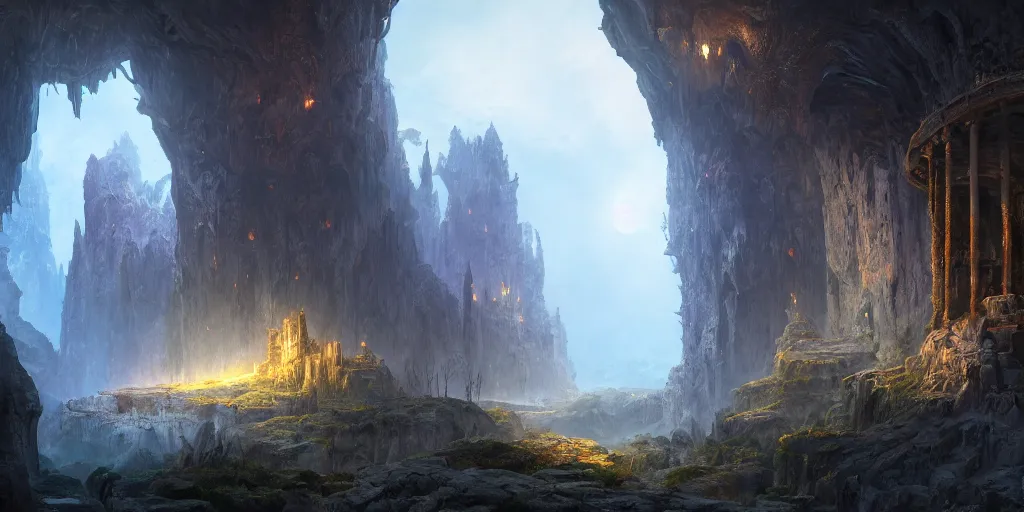 Image similar to A beautiful hyper realistic detailed matte painting of an entrance to a dungeon of the gods at the base of an ancient mountain, dramatic lighting, dynamic lighting, cinematic lighting, lit by morning light, by Finnian MacManus and Jessica Rossier, unreal engine, featured on artstation, ultrawide angle, f8, polarizer filter