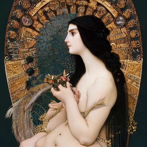 Image similar to highly detailed portrait of a beautiful cute girl with feathers, endless black hair, with pale skin, fibonacci, fragile, sitted on an intricate stone throne by alphonse mucha, nicola samuri, dino valls, m. w. kaluta, rule of thirds, seductive look, 4 k resolution
