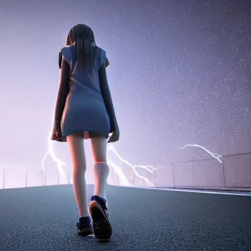 Image similar to 3d hd render of teenager anime girl full body walking backwards octane render post denoised, night sky, volumetric lightning dark grey tint