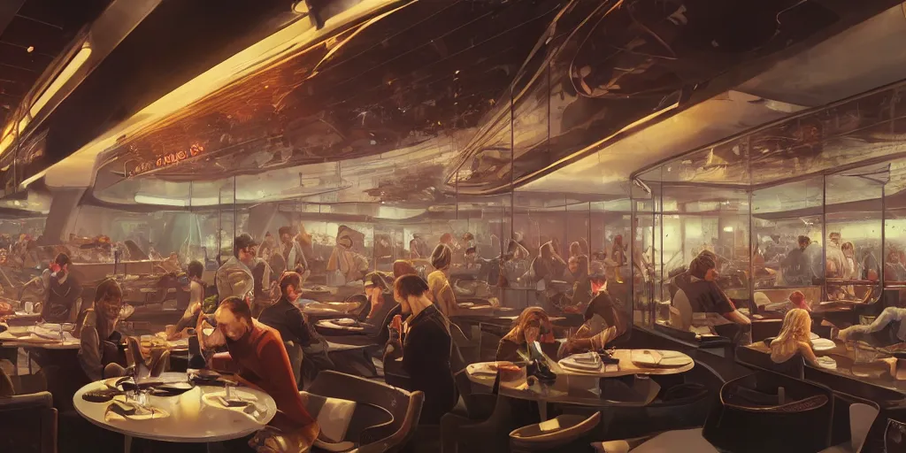 Prompt: Interior of a futuristic crowded restaurant with smoking machines, hyperdetailed, artstation, cgsociety, 8k