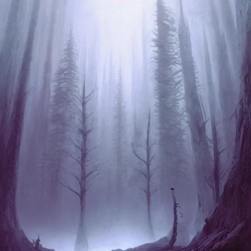 Image similar to concept art of elias ainsworth, fantasy, forest, heavy fog, wayne barlowe and zdzislaw beksinski