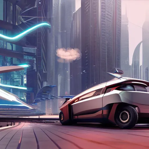 Prompt: octane render of new cyberpunk flying hover version of Renault sandero from 2077 in the city of future by syd mead