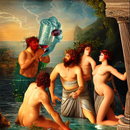 Image similar to poseidon drinking wine with the nymphs, digital art, detailed, ancient greek mythology