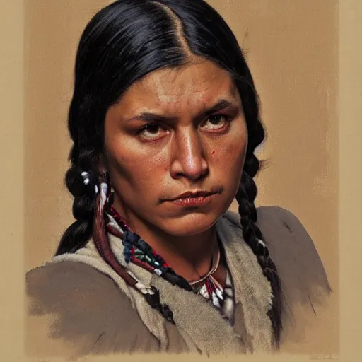 Image similar to head and shoulders portrait of young native american woman, fierce, snarling, clothed, three quarter profile, norman rockwell, ryan pancoast