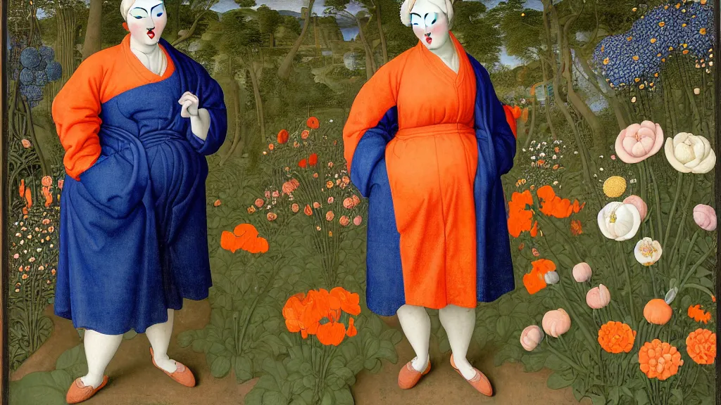 Image similar to portrait of a curvy woman with orange hair buns, wearing a blue raincoat and baggy jeans, standing in a garden full of plants and flowers, intricate details, high detail, in the style of rogier van der weyden and jacopo da pontormo, punk, asian art,