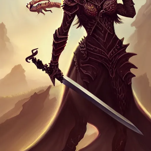 Image similar to a woman holding a sword with a dragon on it, concept art by Ami Thompson, contest winner, fantasy art, official art, concept art, high detail, experimental, high quality, 4k