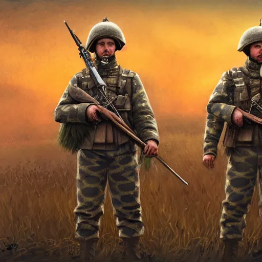 Image similar to ukrainian soldiers in traditional uniform, happy, concept art, trending on artstation, highly detailed, intricate, sharp focus, digital art, 8 k