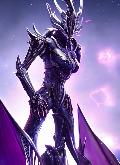 Image similar to cinematic full body, cosmic sized beautiful stunning giant robot mechan hot female dragon goddess, sharp sleek cyborg dragon head, sharp metal ears, smooth purple eyes, smooth fuschia skin, smooth silver armor, nebula, epic proportions, epic scale, macro furry, furry art, dragon art, goddess art, giantess art, warframe, warframe fanart, furaffinity, octane