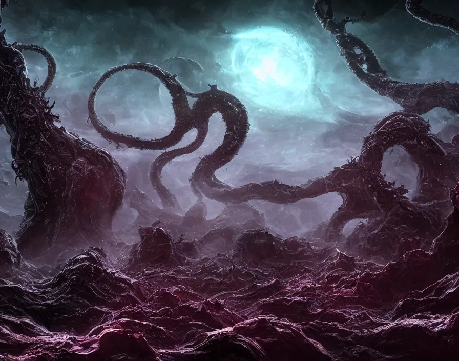 Prompt: dark eldritch planet in space, horror, tentacles, screaming monster, realistic, beautiful texture, beautiful graphics, fantasy artwork, very beautiful scenery, hd, hdr, ue 5, ue 6, unreal engine 5, cinematic 4 k wallpaper, 8 k, ultra detailed, by popular digital, details, beautiful image ever created, high resolution, artstation