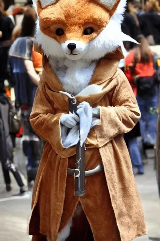 Prompt: a medieval anthropomorphic fox with a fluffy tail as a fursuit, cosplay