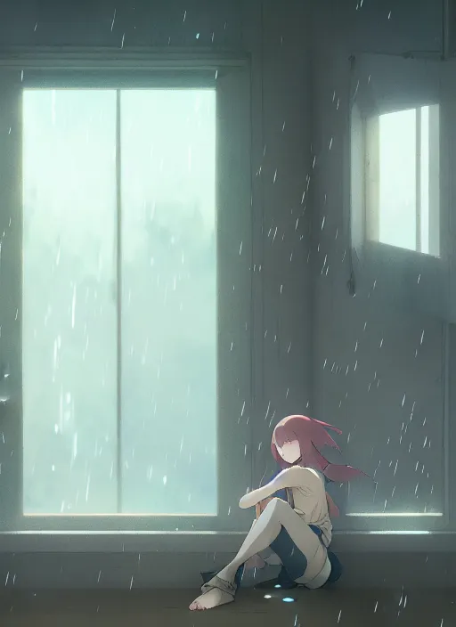 Image similar to interior, near the window, rainy outside, illustration concept art anime key visual trending pixiv fanbox by wlop and greg rutkowski and makoto shinkai and studio ghibli