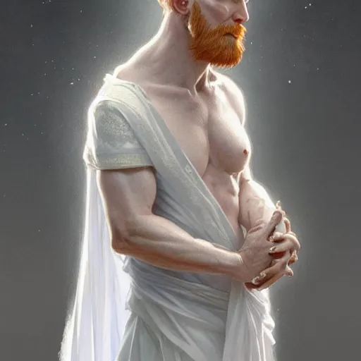 Image similar to beautiful natural middle aged male ginger god wearing a white perizoma, intricate, elegant, highly detailed, digital painting, artstation, concept art, smooth, sharp focus, illustration, art by artgerm and greg rutkowski and alphonse mucha and loish and WLOP