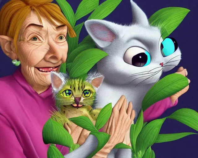 Image similar to detailed cartoon portrait of an old lady and her plant cat, pixar, sharp high quality