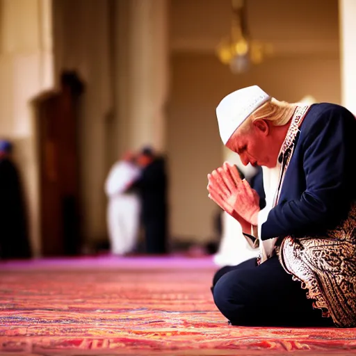 Image similar to Trump praying in mosque, award winning cinematic photography, 50 mm, blurred background, perfect faces