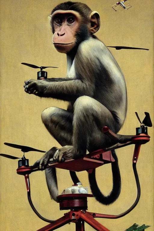 Image similar to Monkey using a drone painted by Norman Rockwell