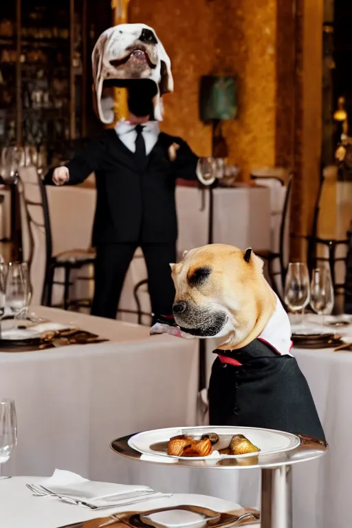 Prompt: a dog - headed waiter at the reception of a fancy restaurant