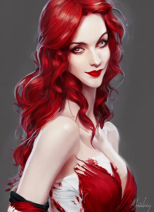 Image similar to a highly detailed illustration of long black hair white woman wearing a red and black dress, dramatic smile pose, intricate, elegant, highly detailed, centered, digital painting, artstation, concept art, smooth, sharp focus, league of legends concept art, WLOP