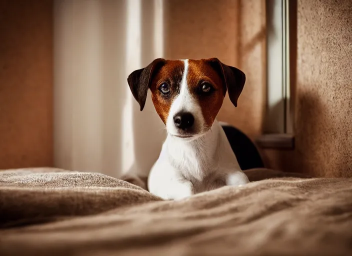 Image similar to photography of a Jack Russel . watching outside the window. on a bed. in a vintage room full of vinyls and posters.,volumetric light, photorealistic,, award winning photo, 100mm, sharp, high res