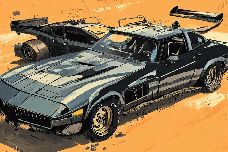 Prompt: digital illustration of mad max's corvette pursuit special, the last v 8 interceptor by makoto shinkai, ilya kuvshinov, lois van baarle, rossdraws, basquiat