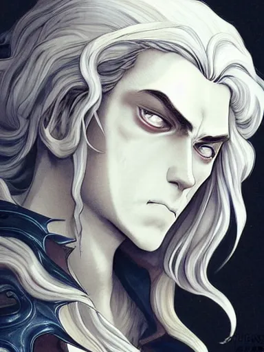 Image similar to a man's face, baroque style, elegant, beautiful, mesmerizing, concept art, fancy clothing, highly detailed, artstation, behance, deviantart, inspired by innocent manga, inspired by castlevania concept art, trending, ayami kojima, shinichi sakamoto