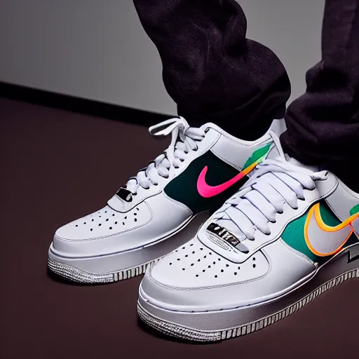 Image similar to a studio photoshoot of A Nike Air Force 1 designed by Virgil Abloh, mesh fabrics, Off-White, realistic, color film photography by Tlyer Mitchell, 35 mm, graflex