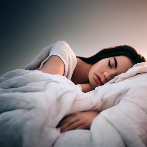 Image similar to highly detailed portrait of beautiful woman covered in white wet blanket sleeping in the clouds during sunset