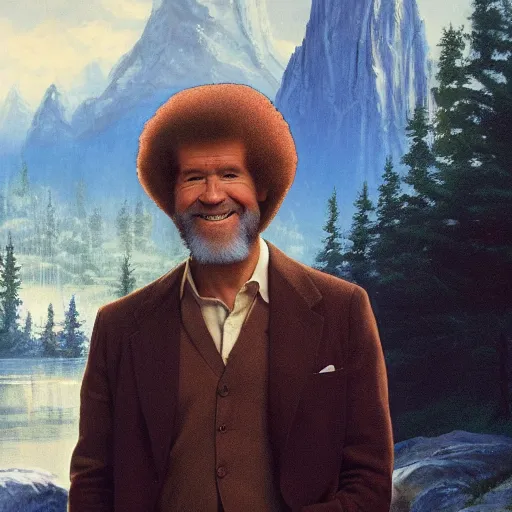 Image similar to Bob Ross in front of the Castle of Distant Ideal, fantasy art, 8k HD wallpaper, professional art, Wes Anderson, Camelot, Arthurian legend, Featured on art