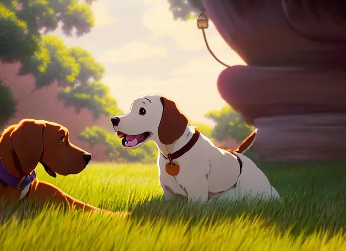 Image similar to a wholesome animation key shot of all brown pointer dog, studio ghibli, pixar and disney animation, sharp, rendered in unreal engine 5, anime key art by greg rutkowski, bloom, dramatic lighting