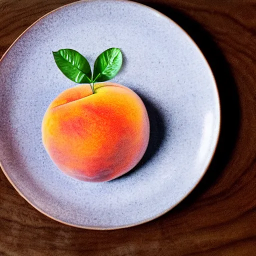 Prompt: a peach on a plate with a hat