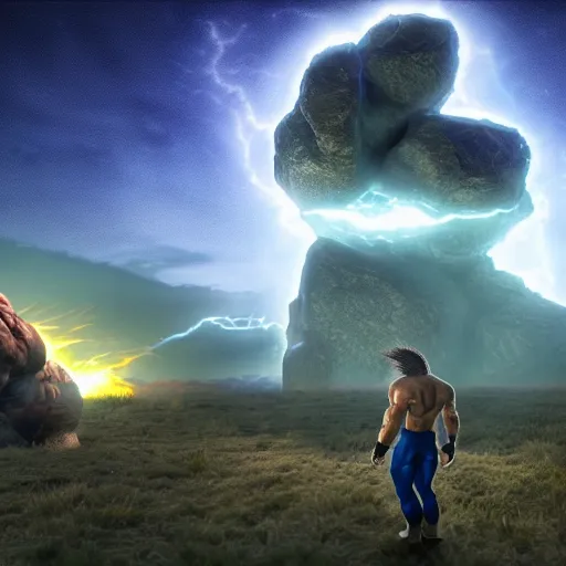 Prompt: photorealistic full shot of Dwayne Johnson as Broly at moonlight, lightning bolt, apocalyptic background, by Akira Toriyama, high detail, unreal engine 4k volumetric light, fog,